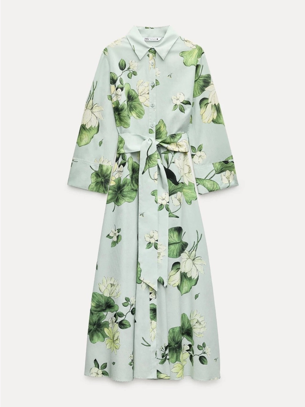 Zara floral shirt maxi dress ZW Collection Long sleeve Belt mint sage 2183/074